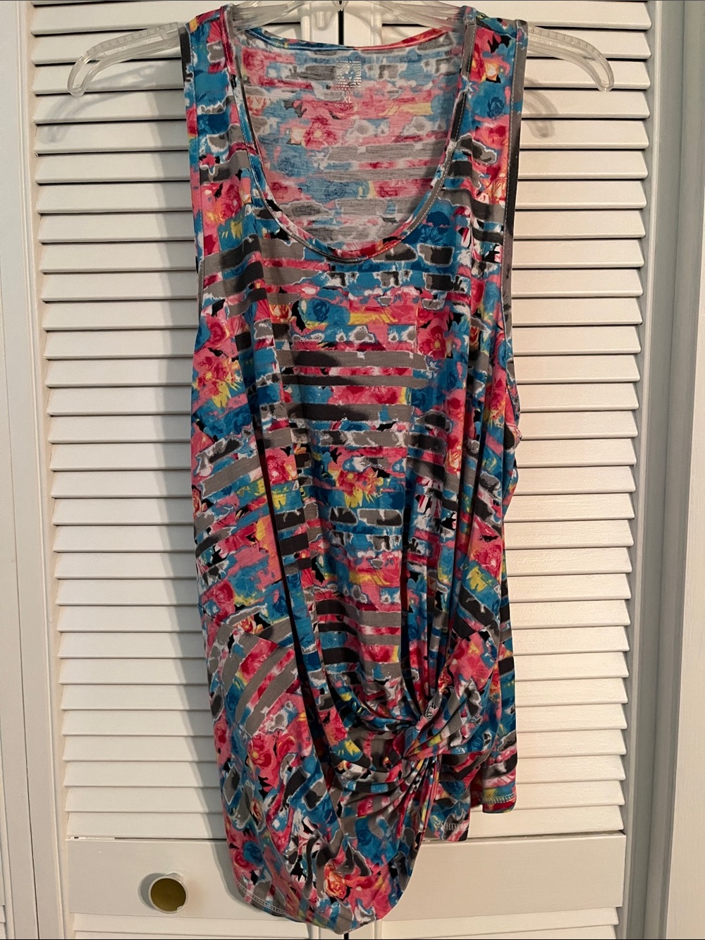 Anne Klein Sport Sleeveless Floral Stripe Twist-Front Tank Top - Blue/Pink